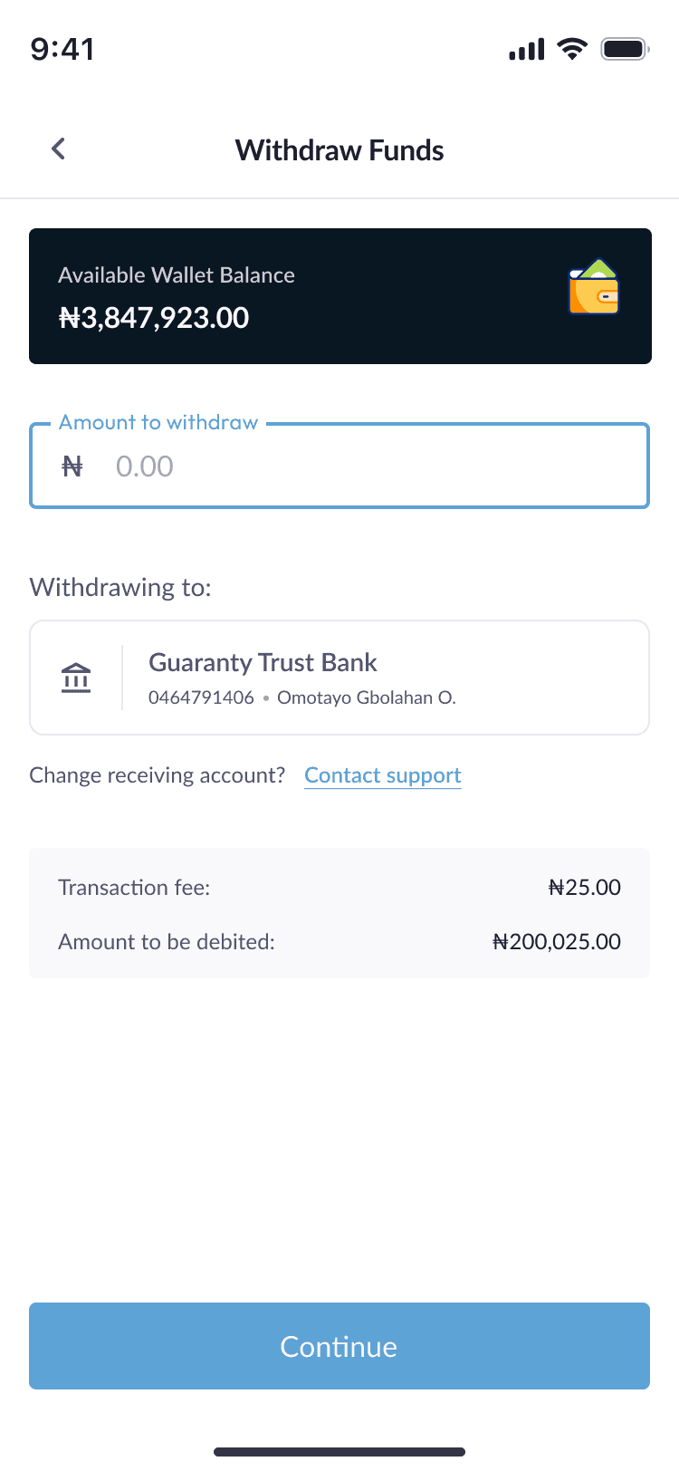 Pillometer withdraw funds screen